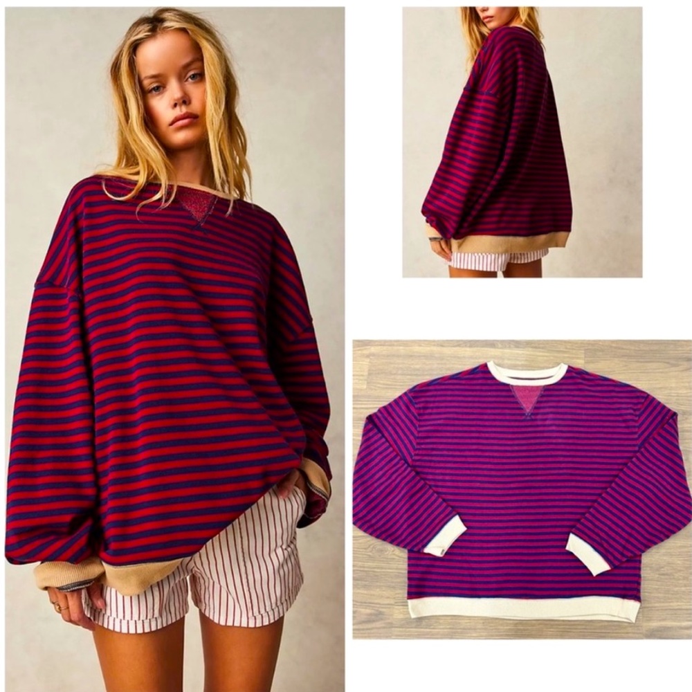 Free People Classic Striped Oversized Crewneck Sweatshirt